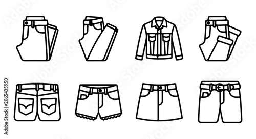 Photos Denim clothing line icons set, 8 black outline vector elements of jeans, jacket,