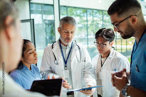 Senior doctor mentoring medical students in hospital