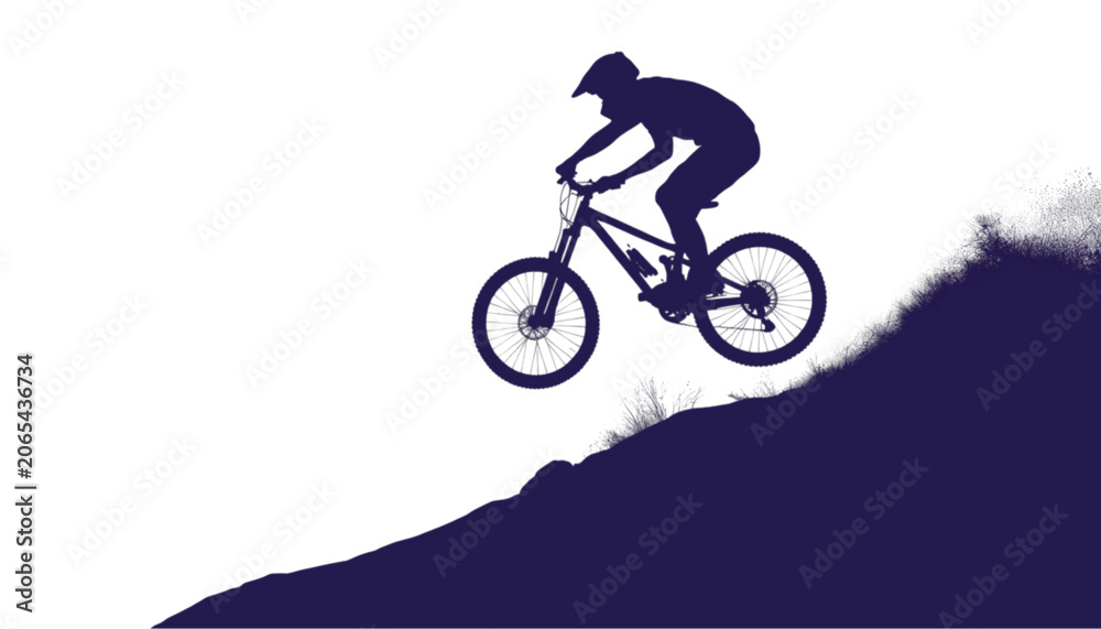 Fototapeta premium Mountain biker jumps over a steep hill in this stylized graphic showing an extreme sports athlete.
