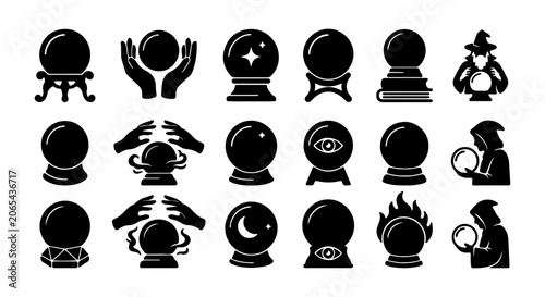 Foto Mystical Crystal Ball Icons, Fortune Telling Orbs, Psychic Vision Symbols, Magic