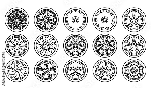 Tableau sur toile Editable car wheel icon collection with alloy rims and automotive vector symbols