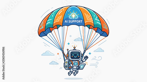 AI Support Parachute: A friendly robot, symbolizing AI support, descends from the sky via a colorful parachute, offering technological assistance and innovation to the digital world.