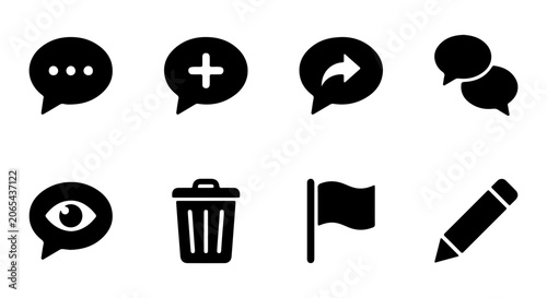 Minimalist social media icon set, black solid chat bubbles and interface symbols vector, 8 communication and editing web elements for app design