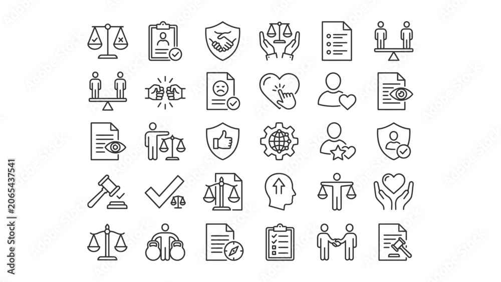 Fototapeta premium Comprehensive set of legal business and human rights vector line icons representing justice equality and protection concepts