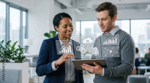 Business couple analyzing data charts on tablet in modern office, corporate strategy meeting, financial growth graphs, teamwork, professional discussion, digital interface