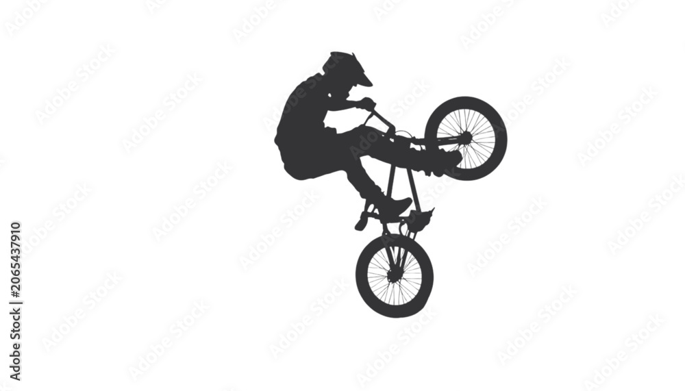 Naklejka premium Bmx rider silhouette executes a professional trick with a bicycle against a bright white background.