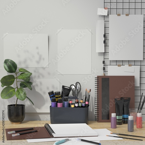 Minimal Creative Studio Workspace Mockup with Art Supplies and Blank Poster Templates