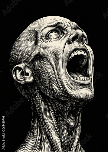 Expressive dark art portrait of a screaming bald man in agony