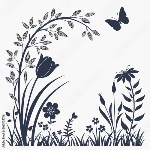 Bild auf Leinwand Illustration of various flowers and plants with a butterfly, illustration