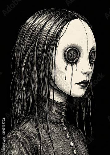 Surreal horror portrait of a creepy girl with button eyes crying black tears