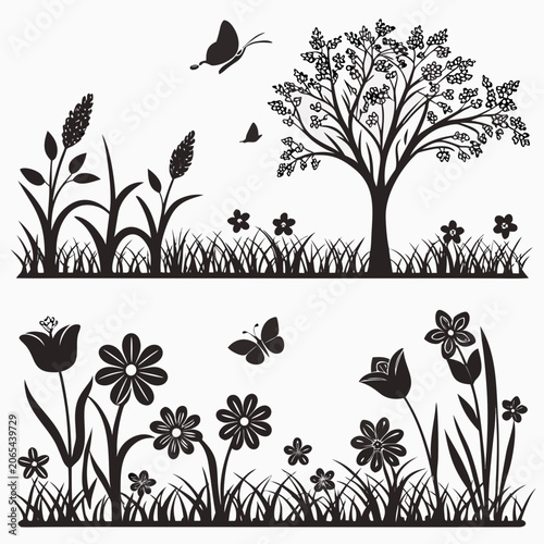 Εκτύπωση καμβά Illustration of a tree with flowers and plants with butterflies butterfly illust
