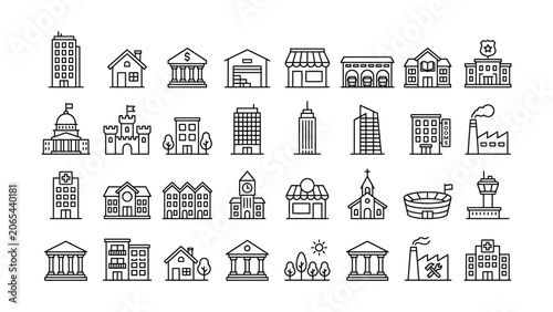 Cuadro en lienzo A comprehensive set of diverse line art building icons representing various arch