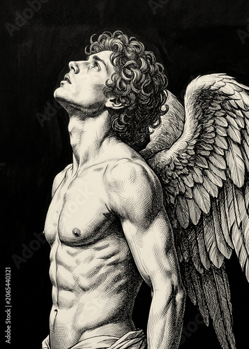 Muscular male fallen angel looking up monochrome drawing