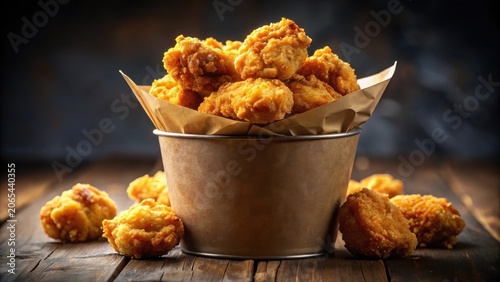 Crispy fried chicken nuggets in a paper bucket