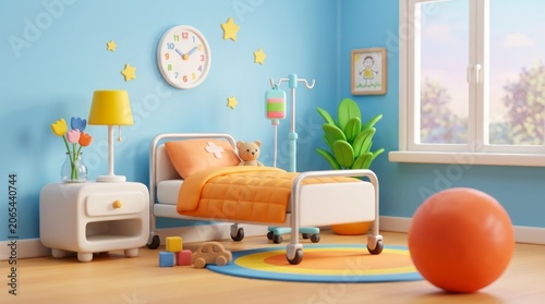 Cozy Children's Hospital Room with Bed, Toys, and Sunny Window