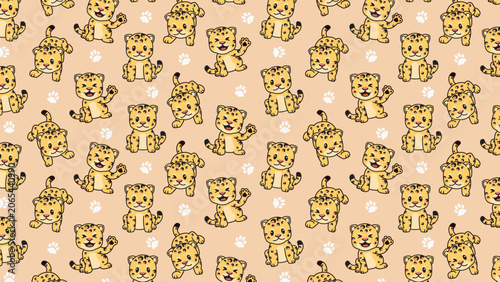 Cute leopard seamless pattern with paws on beige background. Continuous vector illustration for kids fabric and wallpaper