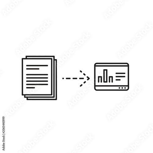 Line icon of paper documents transforming into digital computer analytics