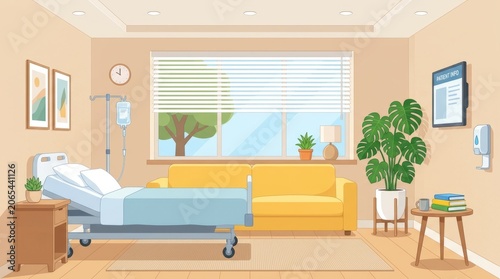 Cozy Hospital Room with Patient Bed, Sofa, and Window View - Healthcare Concept