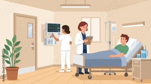 Doctor and nurse tending to patient in hospital room with medical monitor