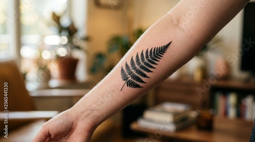 Black fern tattoo on a person's forearm, close-up, indoor setting