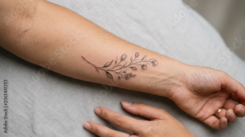 Delicate Floral Branch Tattoo on Woman's Forearm, Minimalist Botanical Art