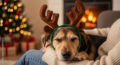 Cozy Dog Wearing Antlers by Christmas Fireplace