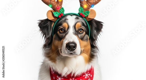 Cute Australian Shepherd Dog Wearing Christmas Antlers and Red Scarf, White Background
