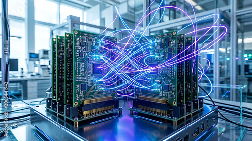 Circuit Boards With Illuminated Lines In A Technology Lab