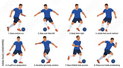Soccer player dribbling skills and ball control techniques collection. EPS Editable