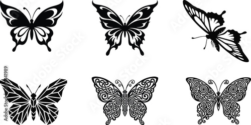 Six stylish black and white butterfly vector illustrations