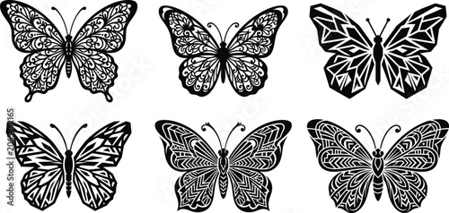 Six intricate black and white butterfly illustrations in symmetrical pattern