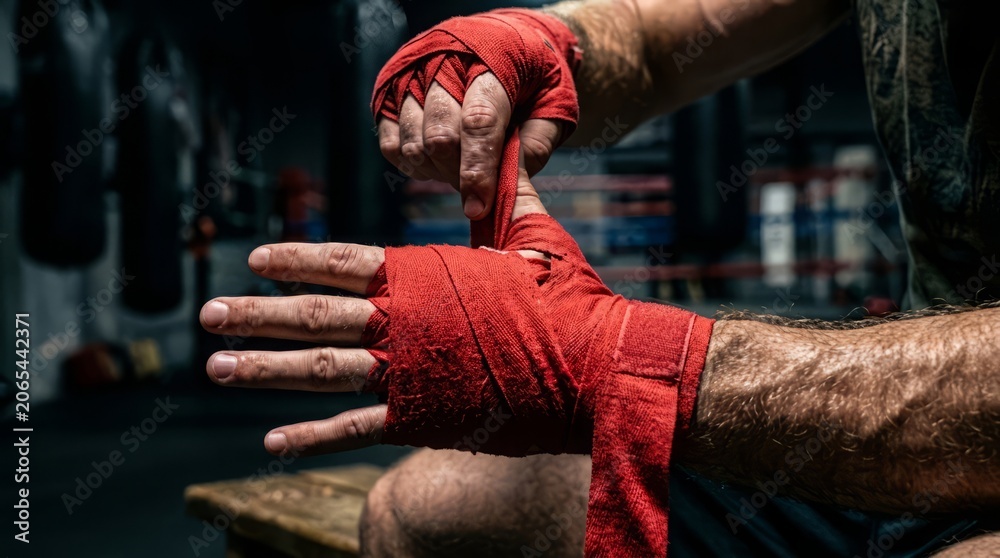 Obraz premium Close-up of an athlete wrapping hands with red boxing bandages for training session in a gym