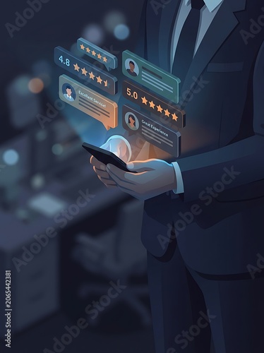 Businessman in a suit holding a smartphone with glowing review ratings floating above