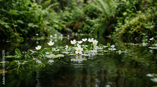 White wildflowers floating on dark water a scenic forest photograph