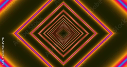 Abstract motion background with glowing colorful rhombus shapes moving in a seamless tunnel effect, neon light geometric animation.