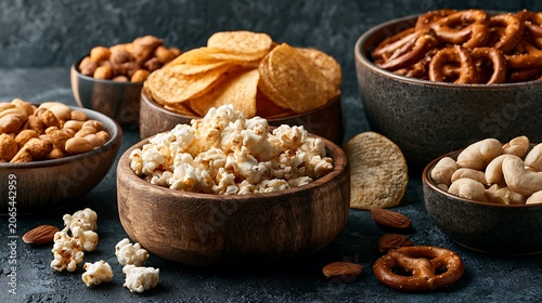 Bild auf Leinwand Assorted savory snacks in wooden bowls on a rustic dark textured background