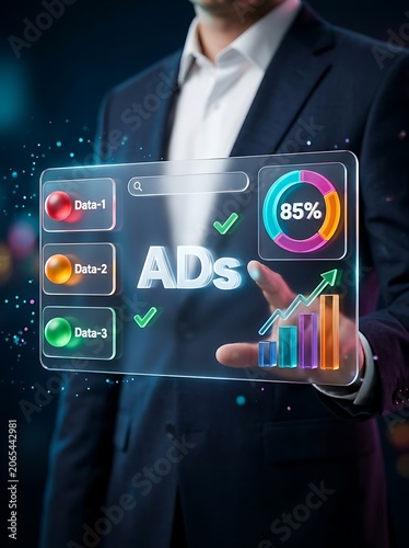 Businessman interacting with virtual ads data dashboard on hand