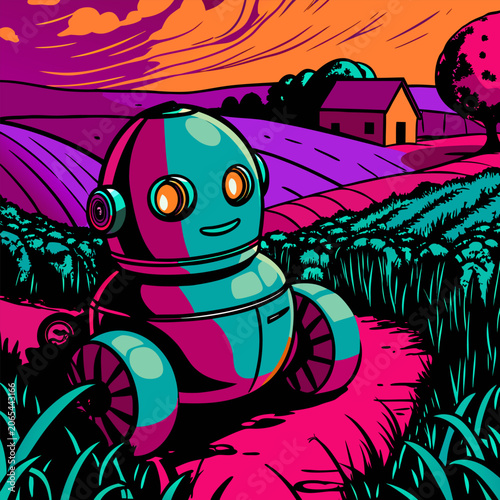 Eco-Bot Transit, Autonomous Farming in Neon Fields, generative AI.