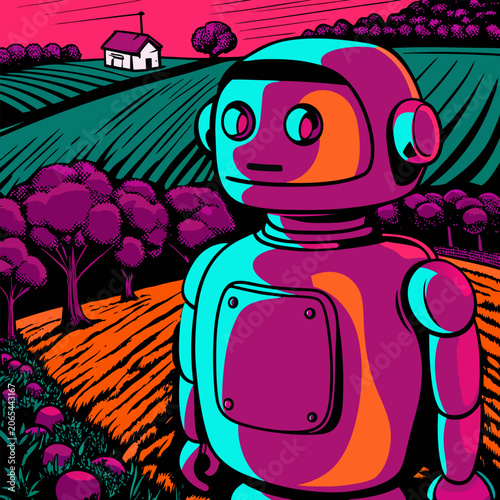 Cyborg Farmer, The Neon Dawn of Agriculture, generative AI. 