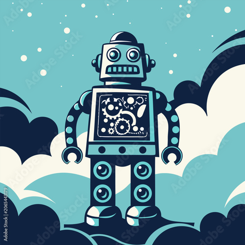 Clockwork Voyager, Retro Robot in the Cosmic Clouds, generative AI.
