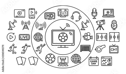 Fotografie Football Live Stream Line Icon Collection with Soccer TV Broadcast and Sports Me
