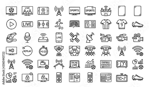 Schilderij op canvas Soccer Live Match TV Line Icon Set with Football Broadcast and Streaming Symbols