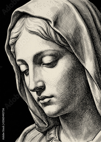 Vintage Close Up Portrait of Veiled Virgin Mary Weeping