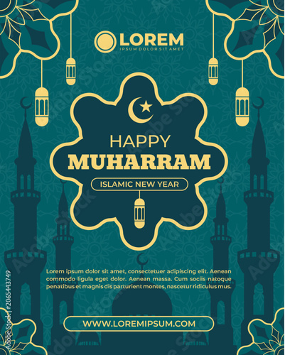 Happy muharram islamic new year celebration poster design with mosque minarets and lanterns, religious observance