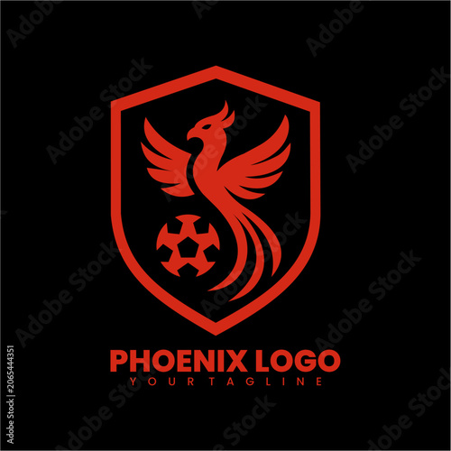 Phoenix bird soccer ball shield emblem vector illustration with football mythical legendary strength creative