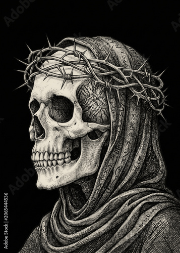 Vintage Gothic Skull Wearing Crown of Thorns Dark Fantasy Illustration