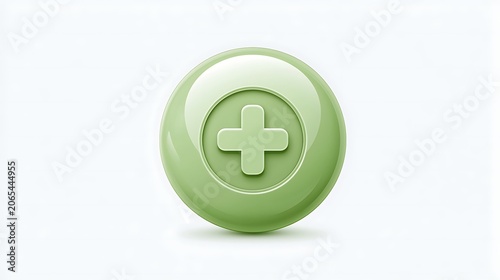 Green glossy plus sign button icon isolated on white background