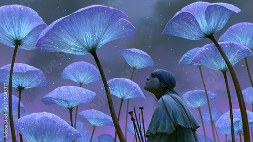 Tiny figure beneath towering bioluminescent botanical umbrellas in alien twilight