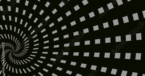 Abstract motion background with rotating grey square patterns in a spiral formation, seamless digital tunnel animation.