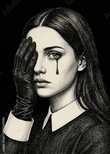 Melancholic Gothic Woman Crying a Dark Tear with Black Glove